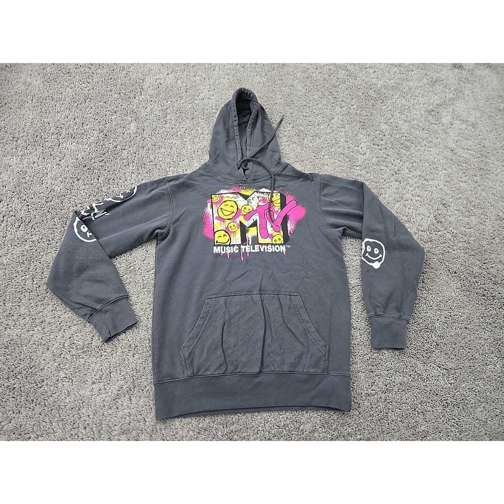MTV Hoodie Mens S Gray Paint Splatter Logo Neon‎ Graffiti Smiley Faces 90s